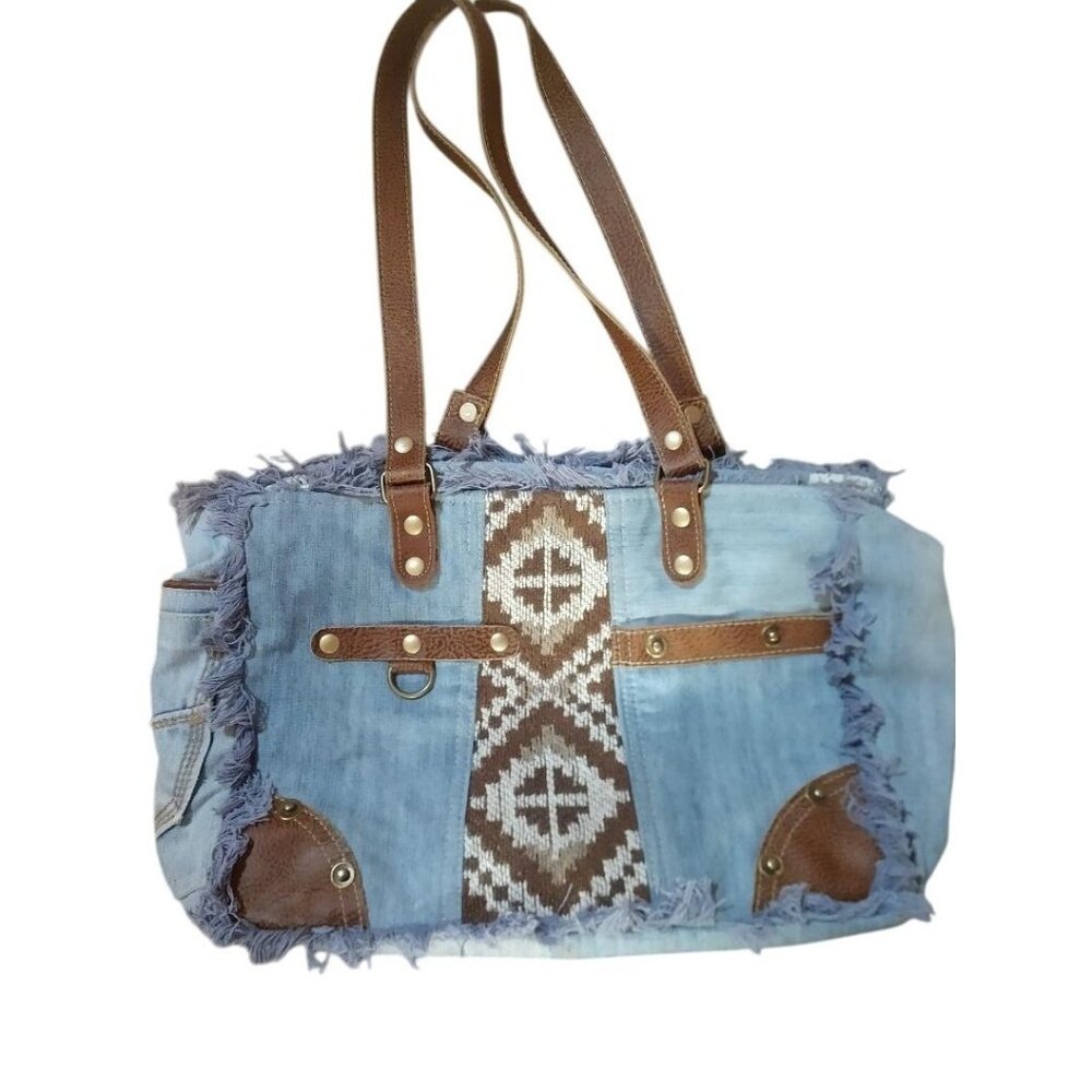 Large Myra Denim & Faux Leather Boho Tote Bag With Woven Aztec Pattern & Fringe